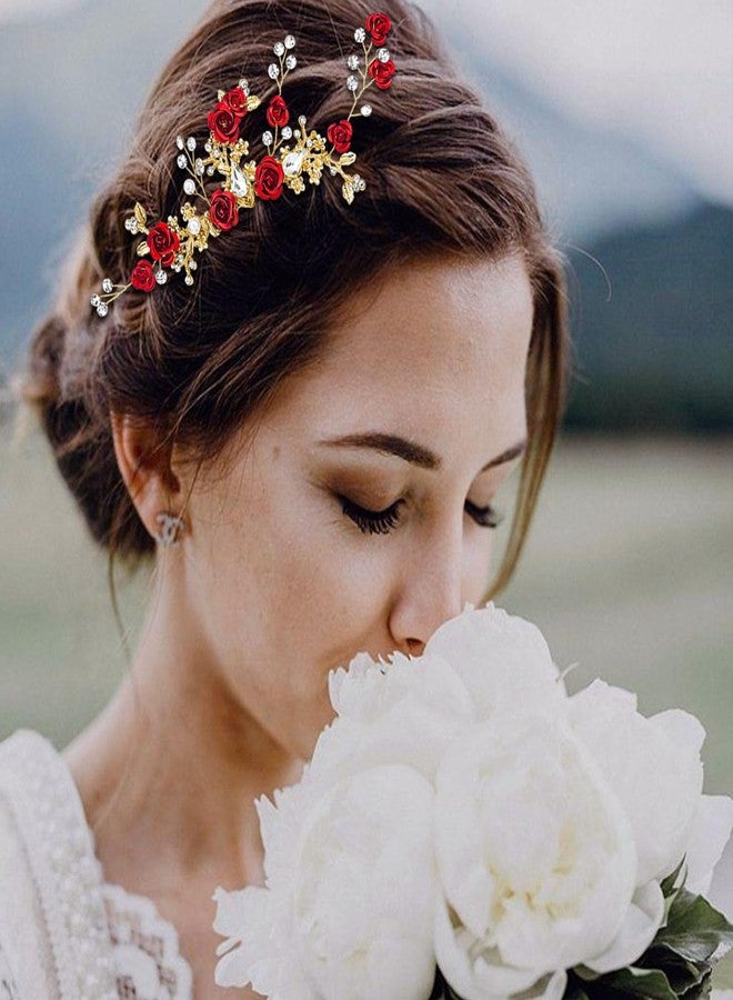 اسويوامت مشط شعر مزين بالزهور الحمراء، مشط جانبي مرصع بالكريستال الذهبي الوردي للعرائس، مشط مزين بالزهور وأحجار الراين واللؤلؤ، قطعة رأس مزخرفة عتيقة من الكريستال والزمرد، إكسسوار شعر لامع لحفلات الزفاف للنساء - Image 4